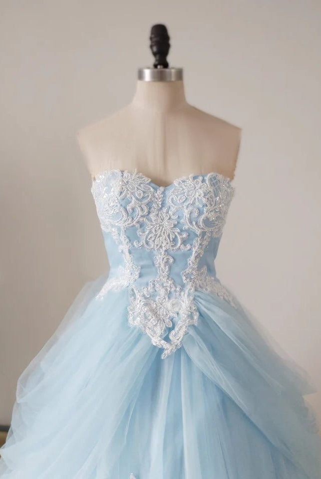 A-Line Lace Sweetheart Neck Blue Long Prom Dress