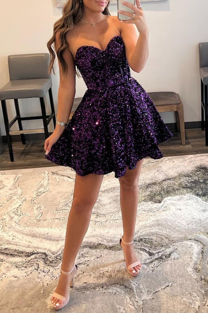 A Line Sweetheart Purple Sequins Short Homecoming Dress