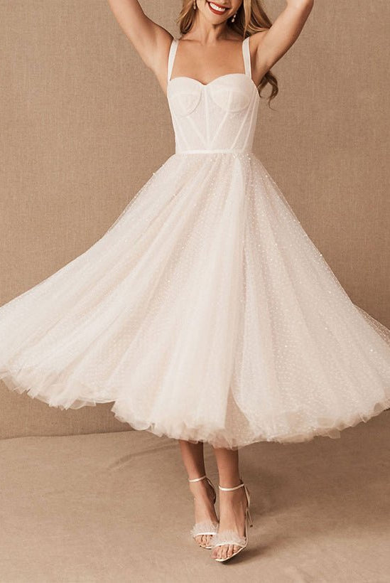 A-Line Sweetheart Sleeveless Tulle Tea-Length Wedding Dresses With Pleated