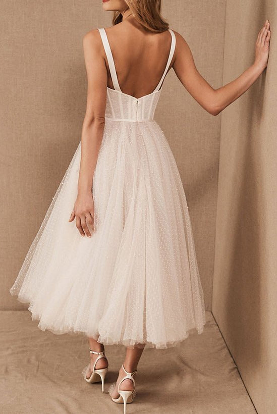A-Line Sweetheart Sleeveless Tulle Tea-Length Wedding Dresses With Pleated