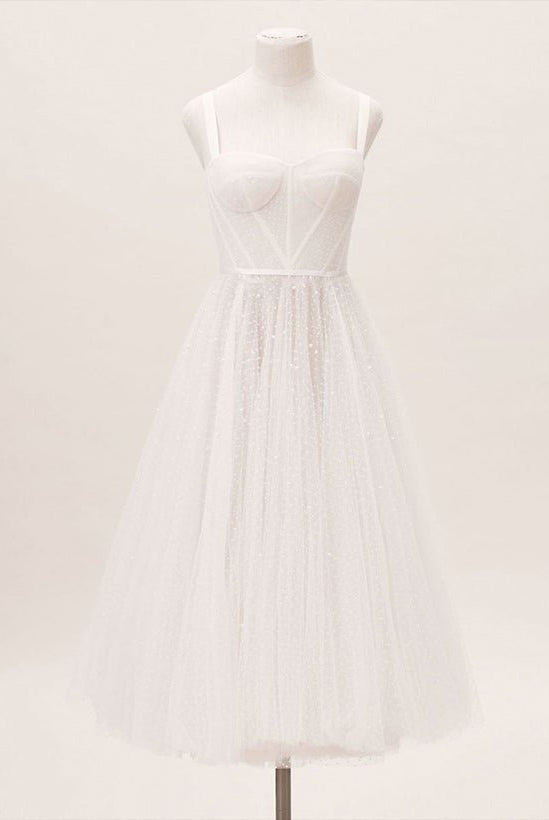 A-Line Sweetheart Sleeveless Tulle Tea-Length Wedding Dresses With Pleated