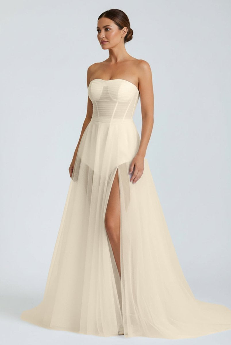 A - line Sweetheart Tulle High Split Bohemian Wedding Dresses - KissProm