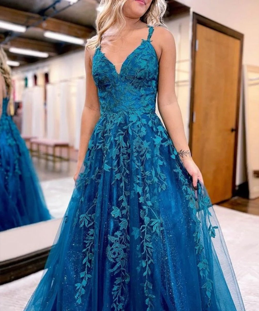 Veronica |A Line Ink Blue Glitter Tulle Lace Prom Dress