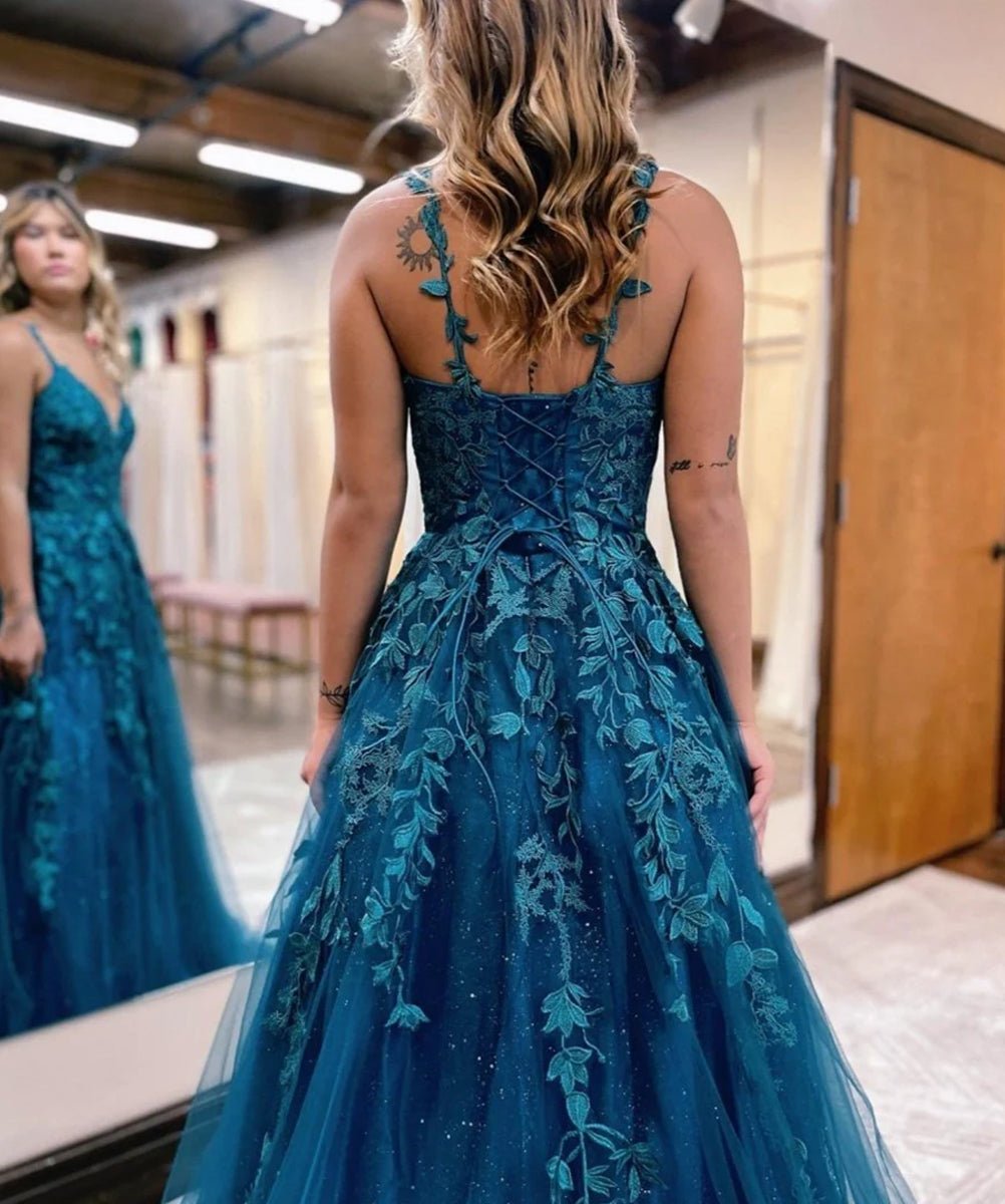 Veronica |A Line Ink Blue Glitter Tulle Lace Prom Dress