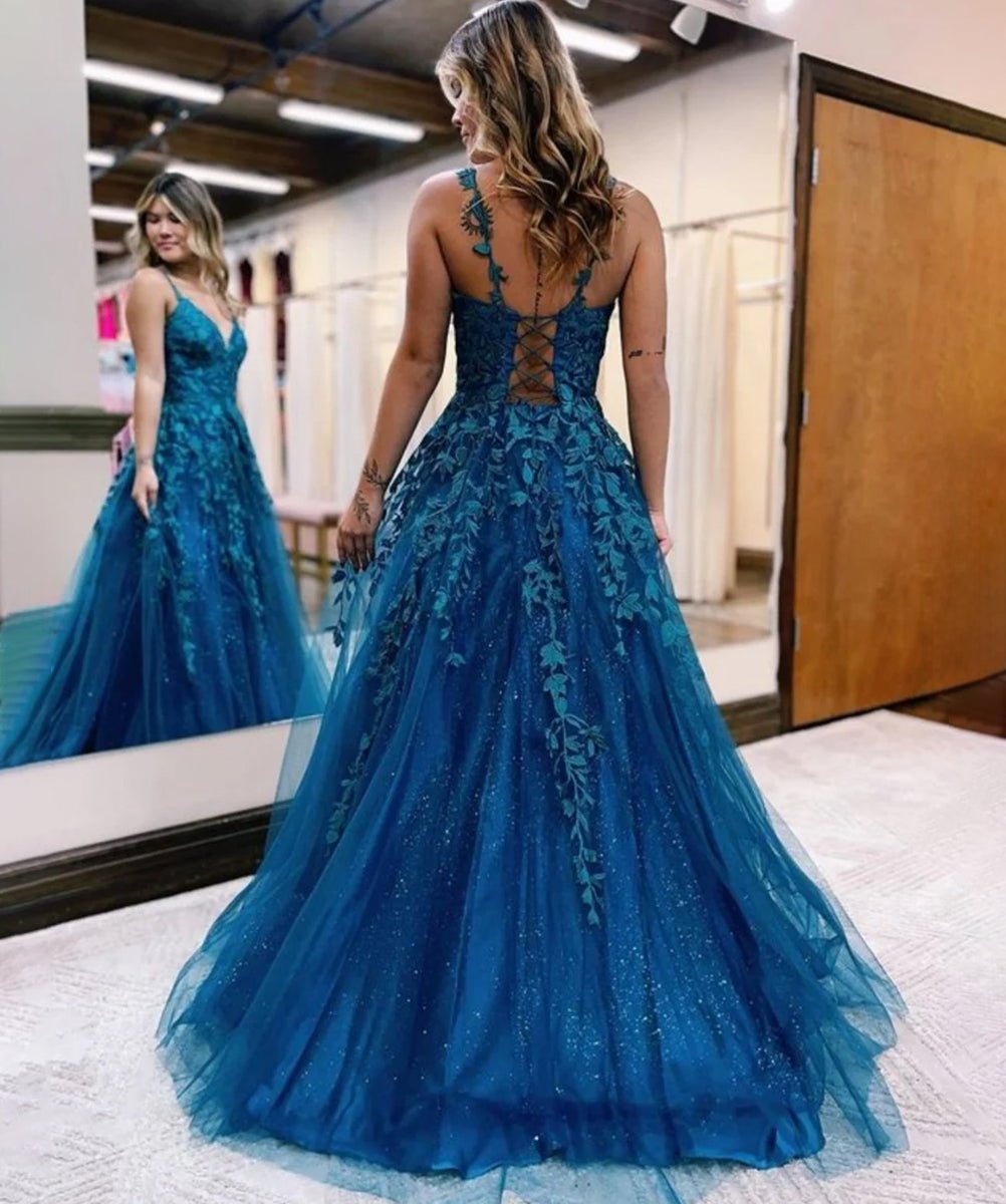 Veronica |A Line Ink Blue Glitter Tulle Lace Prom Dress