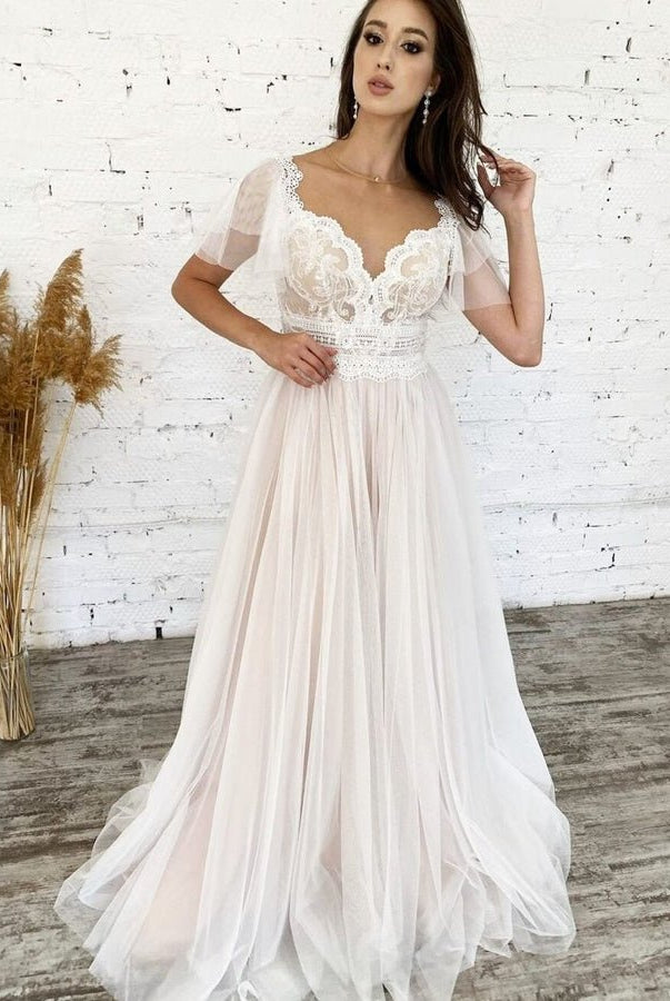 A-Line Short Sleeves Lace-Up Long Tulle Appliques Boho Wedding Bridal Gown