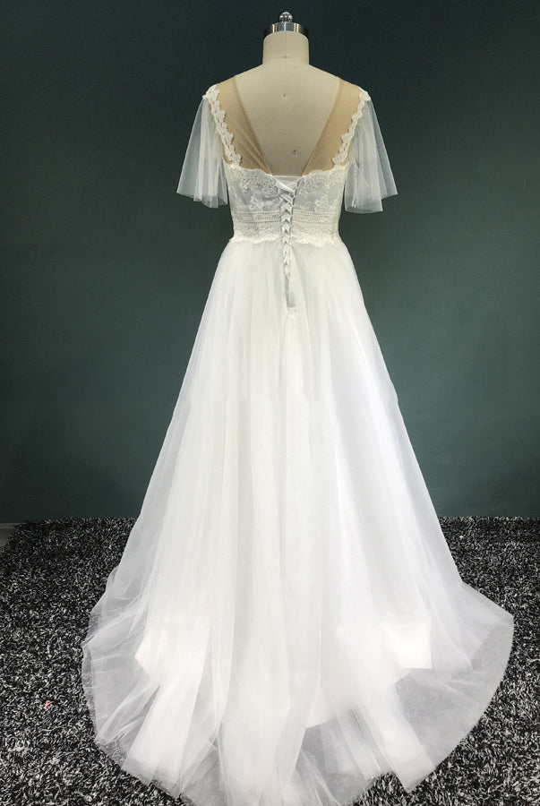 A-Line Short Sleeves Lace-Up Long Tulle Appliques Boho Wedding Bridal Gown