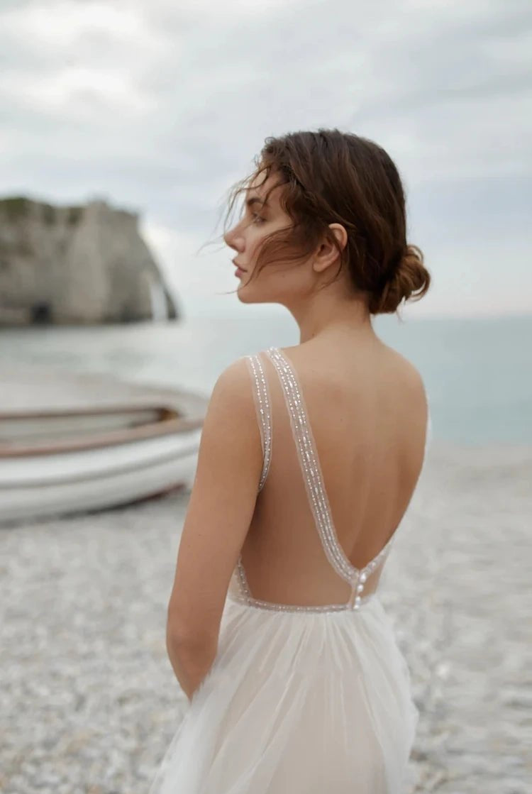 Saskia | A-Line Tulle Gorgeous Deep V-Neck Open Back Double Layers Elegant Floor Length Long Dress With Sequin