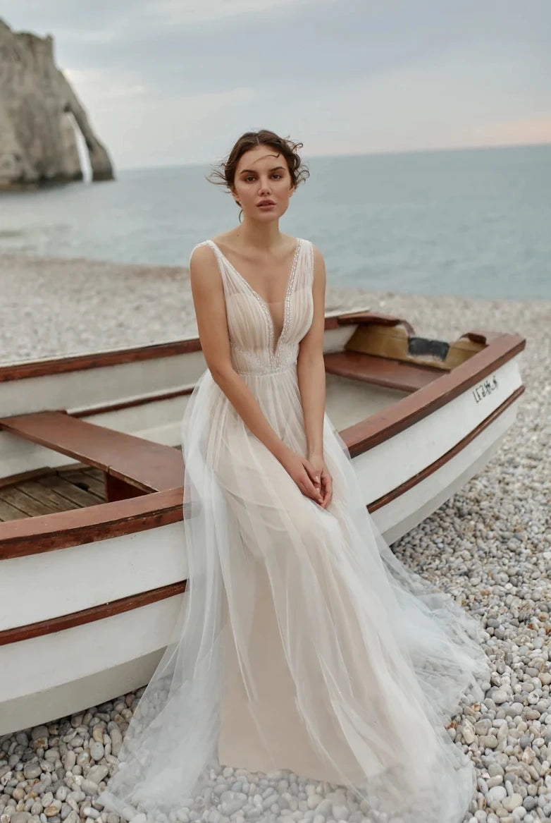 Saskia | A-Line Tulle Gorgeous Deep V-Neck Open Back Double Layers Elegant Floor Length Long Dress With Sequin