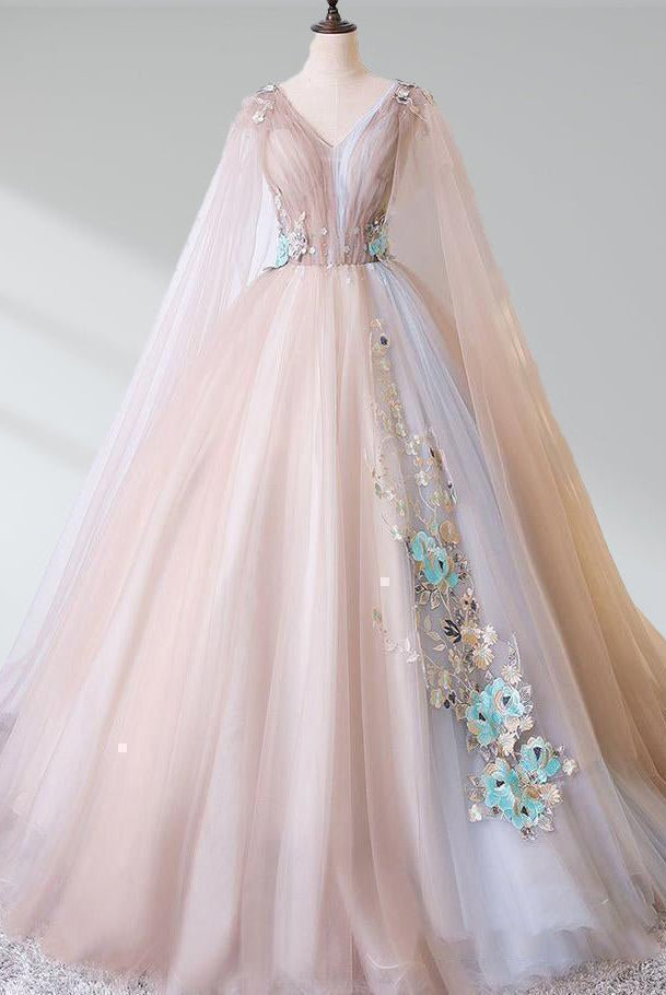 A Line Tulle Khaki Embroidery Appliqued Long Dresses