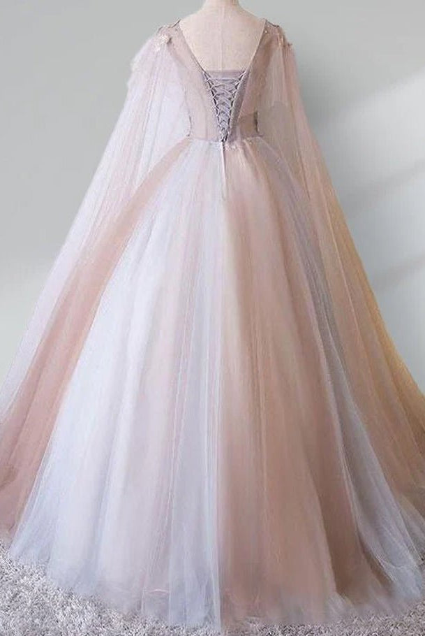 A Line Tulle Khaki Embroidery Appliqued Long Dresses