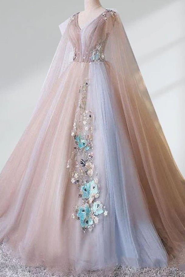 A Line Tulle Khaki Embroidery Appliqued Long Dresses