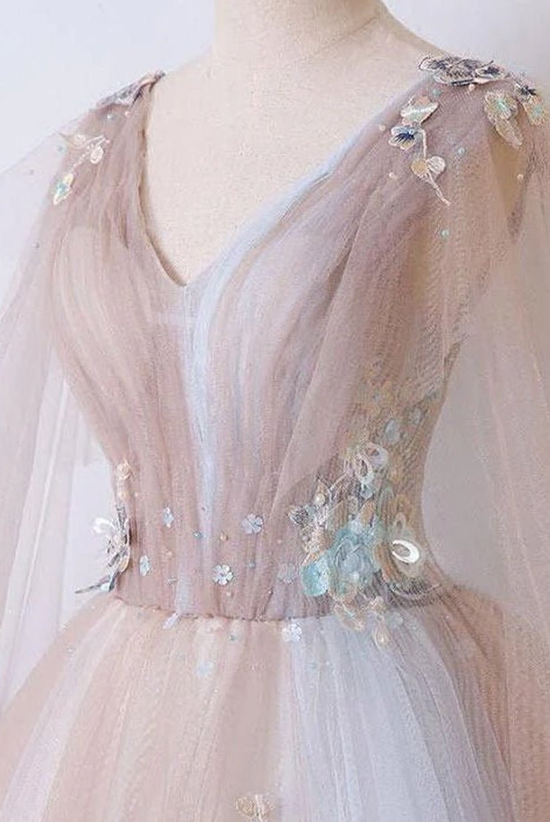 A Line Tulle Khaki Embroidery Appliqued Long Dresses