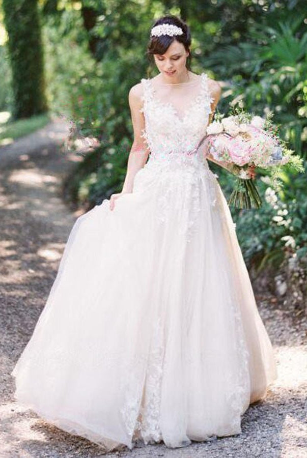 A-line Tulle Lace Appliques Princess Covered-Button Wedding Gown