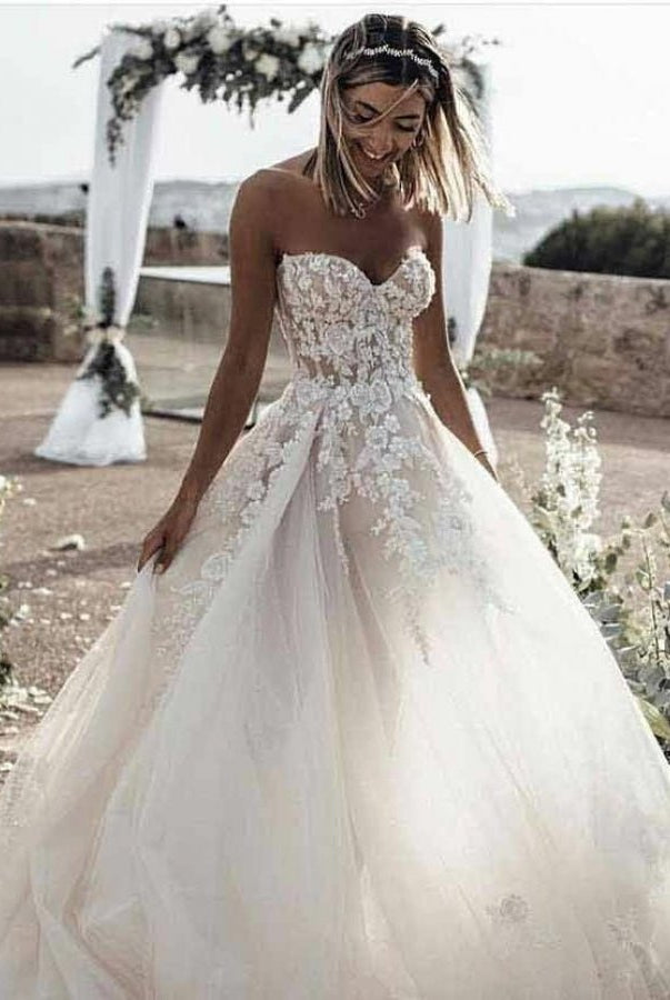 A - line Tulle Skirt Floral Lace Sweetheart Wedding Dresses Backless - KissProm