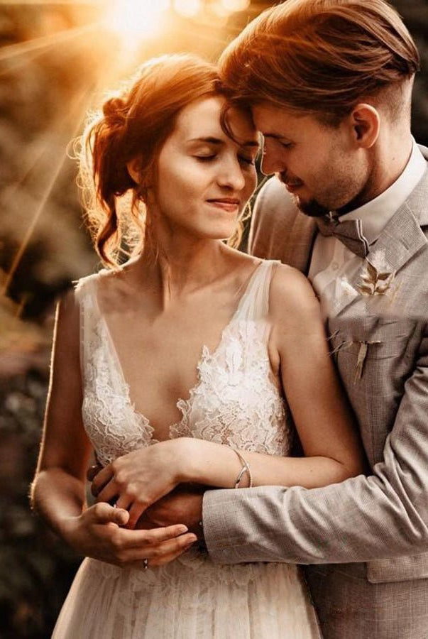 A Line V Neck Bohemian Wedding Dresses - KissProm