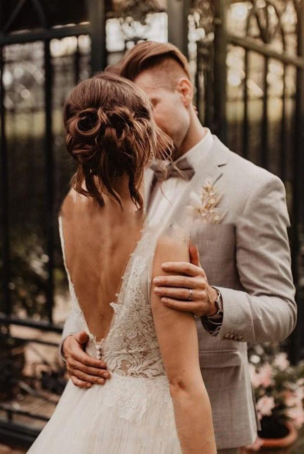 A Line V Neck Bohemian Wedding Dresses - KissProm