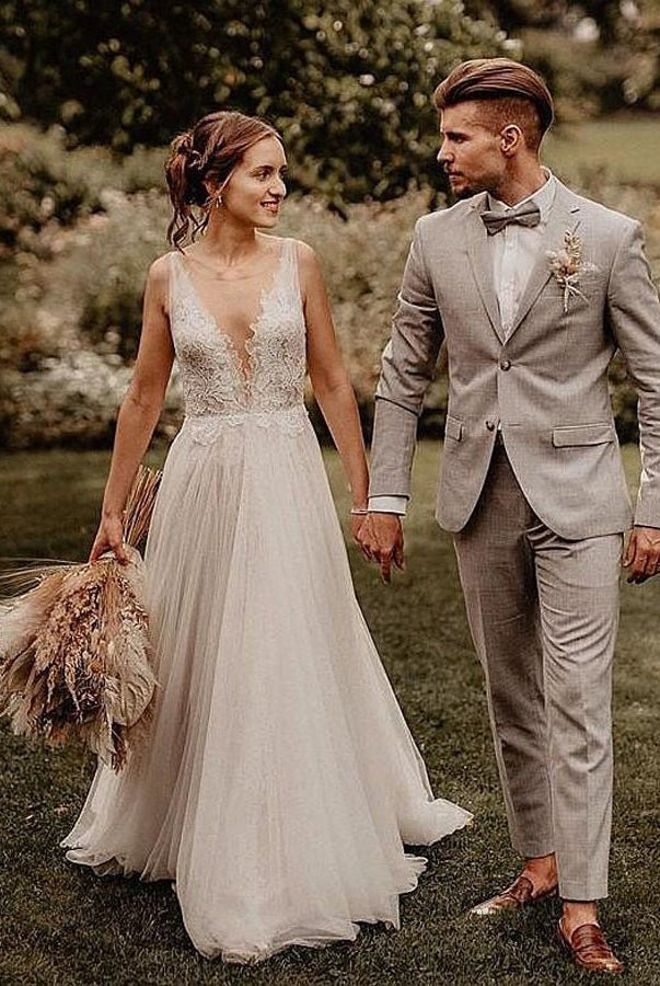 A Line V Neck Bohemian Wedding Dresses - KissProm