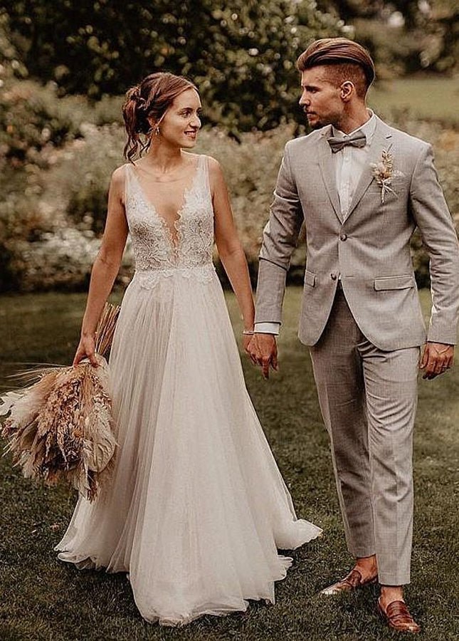 A Line V Neck Bohemian Wedding Dresses - KissProm