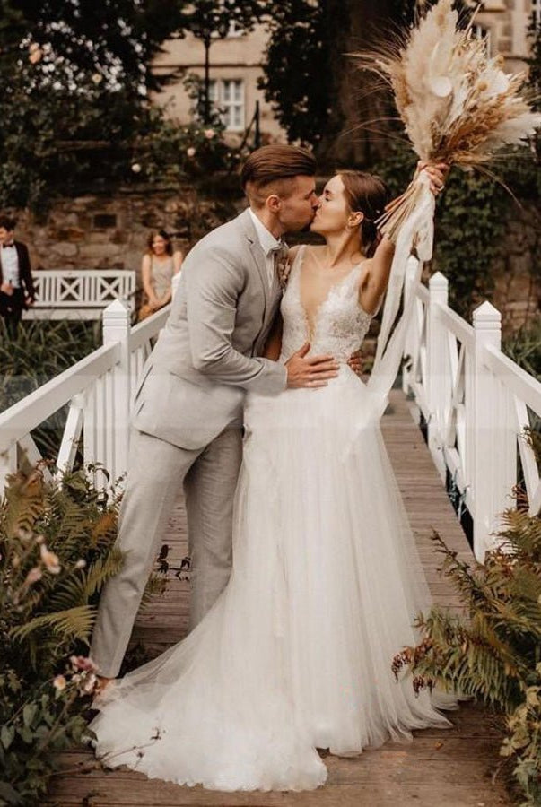 A Line V Neck Bohemian Wedding Dresses - KissProm