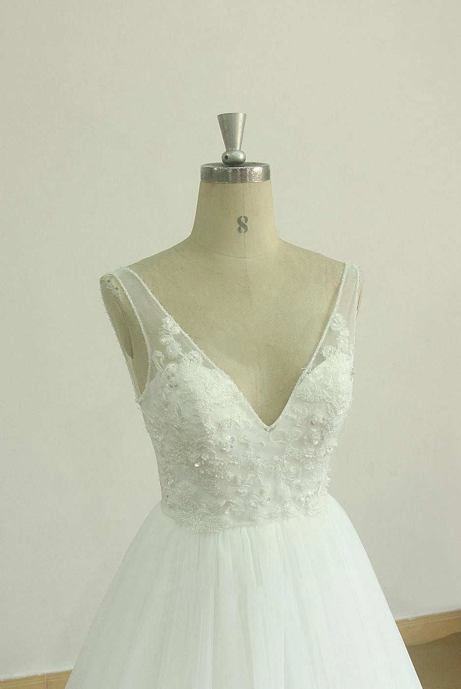 A-Line V-Neck Chapel Train Sleeveless Deep V Back Tulle Appliques Weddig Dress