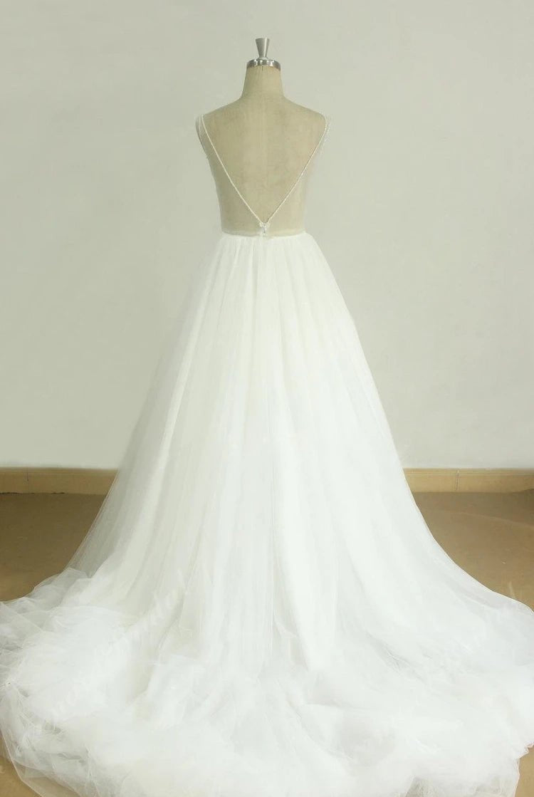 A-Line V-Neck Chapel Train Sleeveless Deep V Back Tulle Appliques Weddig Dress