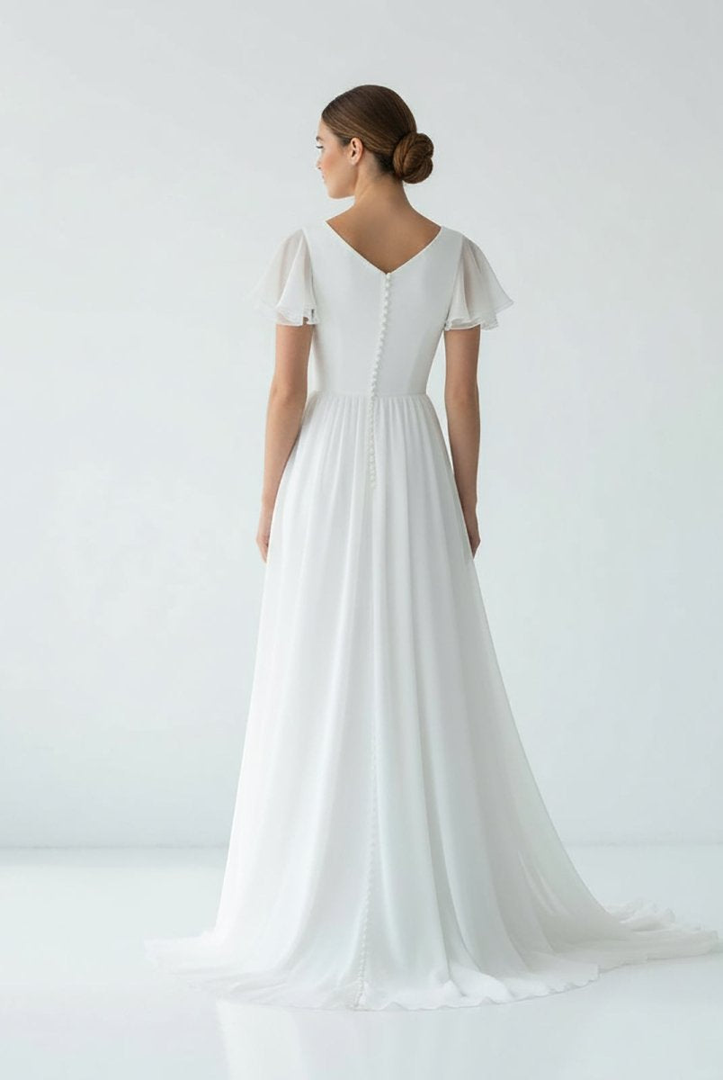 Liora | A Line V - neck Chiffon Floor - length Brush Train Short Sleeve Wedding Dress with Ruffles - KissProm