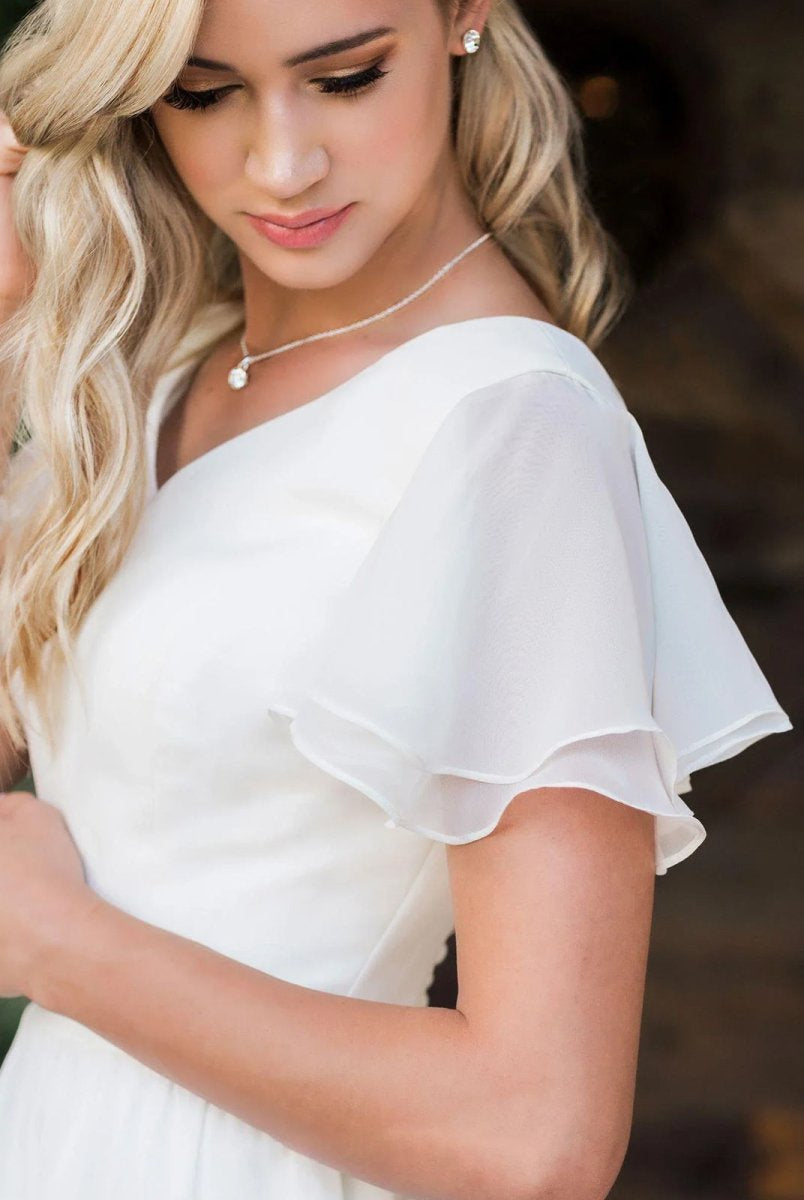 Liora | A Line V - neck Chiffon Floor - length Brush Train Short Sleeve Wedding Dress with Ruffles - KissProm