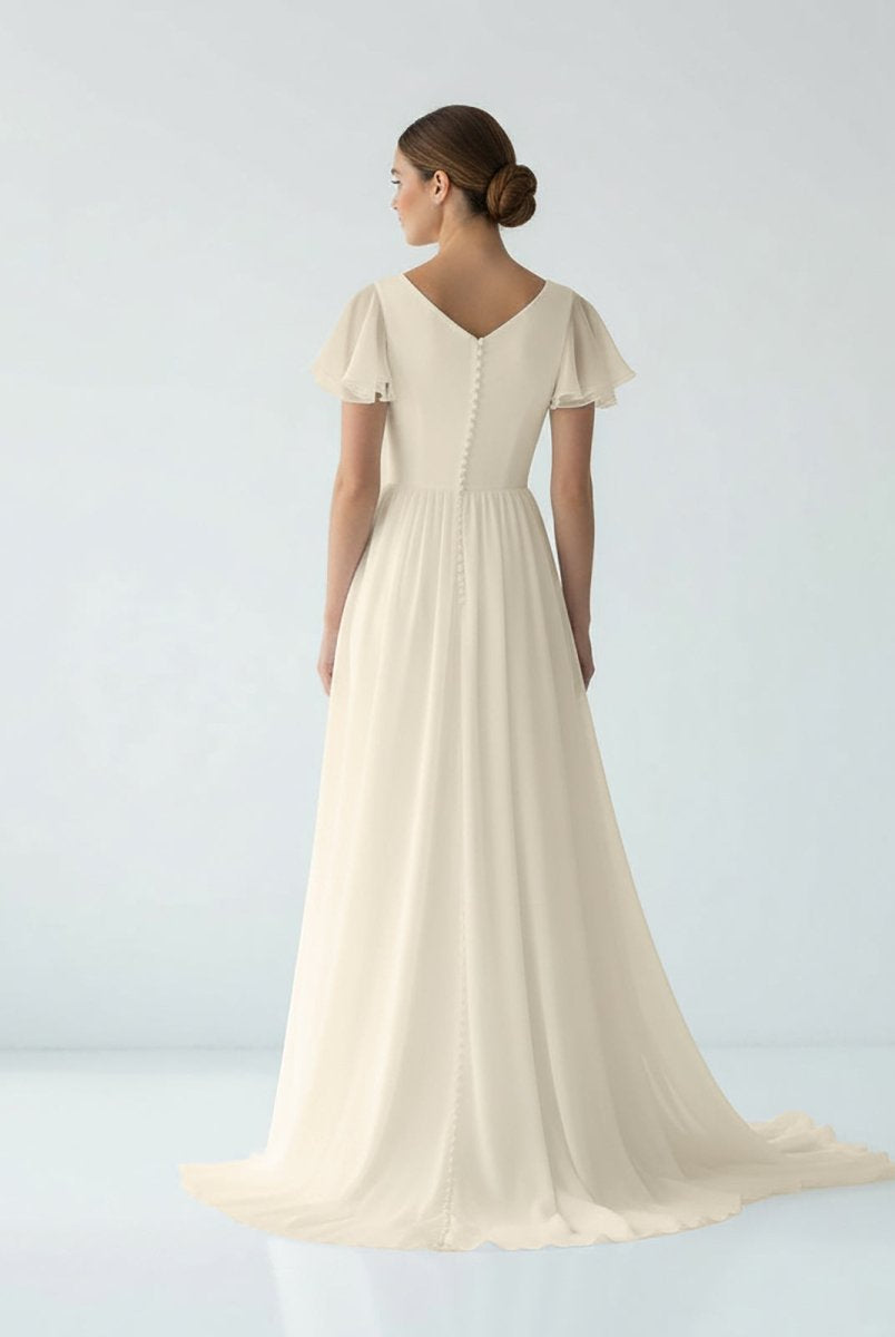 Liora | A Line V - neck Chiffon Floor - length Brush Train Short Sleeve Wedding Dress with Ruffles - KissProm
