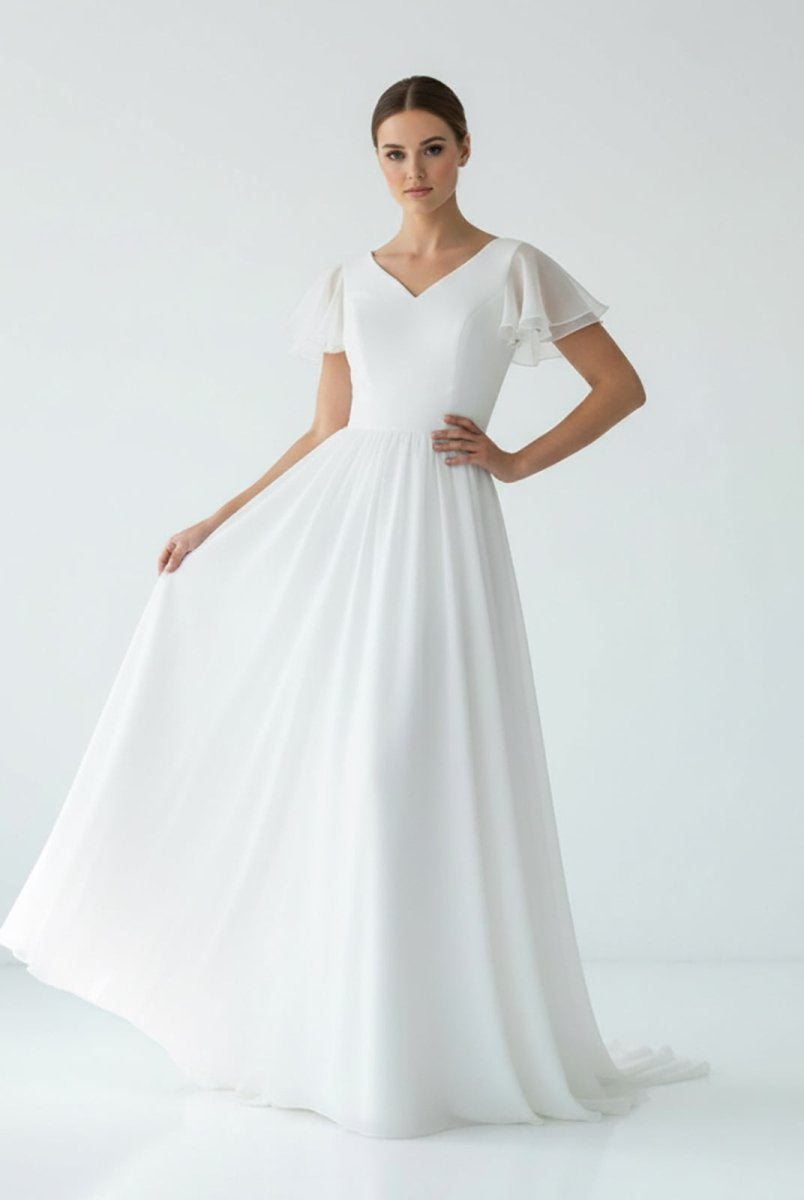 Liora | A Line V - neck Chiffon Floor - length Brush Train Short Sleeve Wedding Dress with Ruffles - KissProm