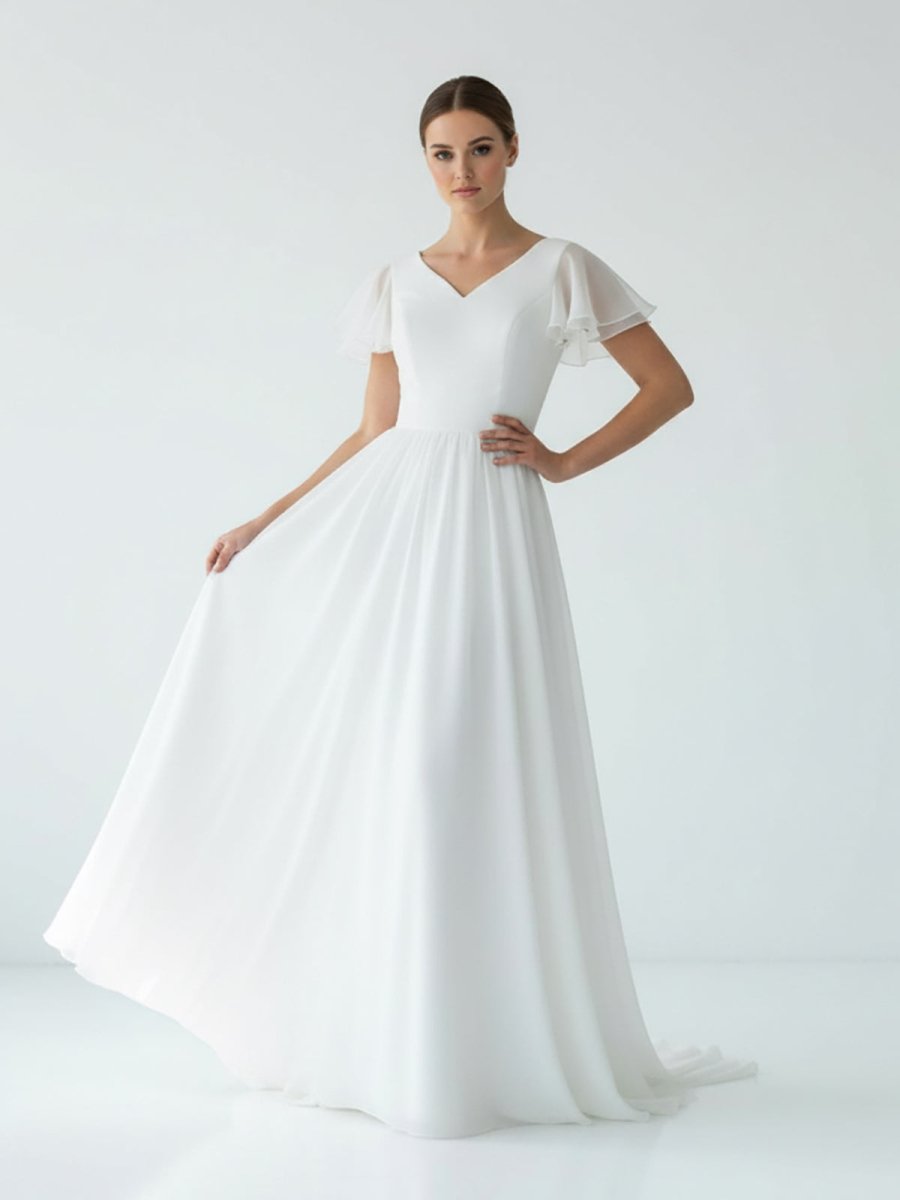 Liora | A Line V - neck Chiffon Floor - length Brush Train Short Sleeve Wedding Dress with Ruffles - KissProm