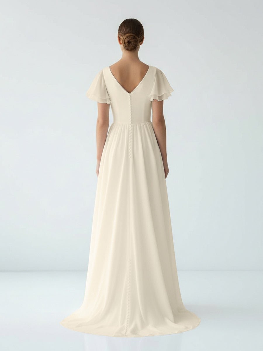 Liora | A Line V - neck Chiffon Floor - length Brush Train Short Sleeve Wedding Dress with Ruffles - KissProm