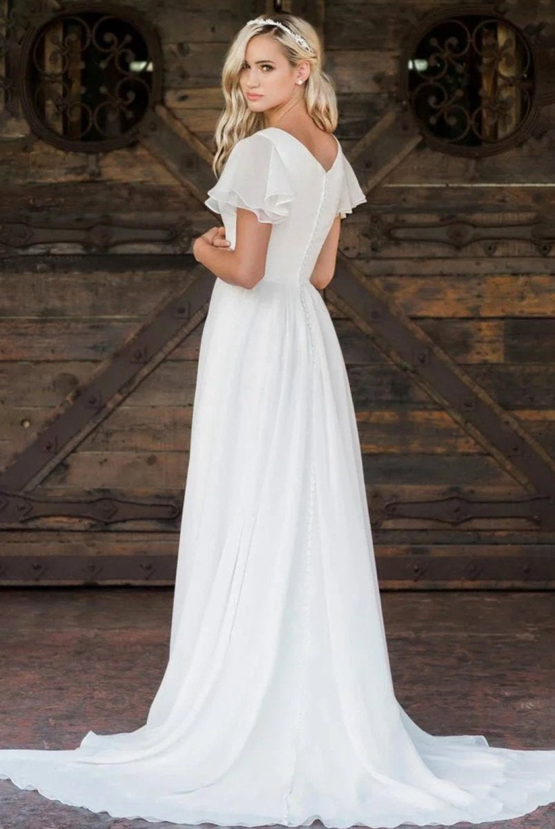 Liora | A Line V - neck Chiffon Floor - length Brush Train Short Sleeve Wedding Dress with Ruffles - KissProm