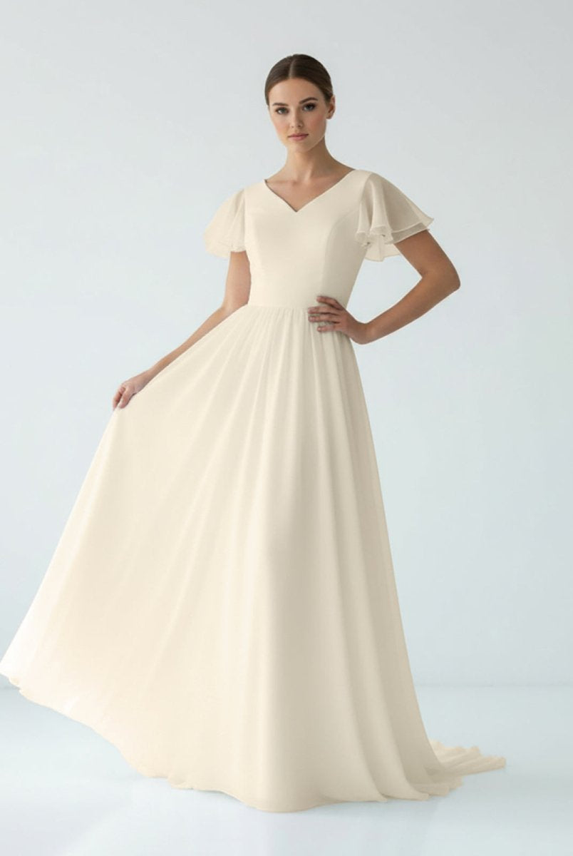Liora | A Line V - neck Chiffon Floor - length Brush Train Short Sleeve Wedding Dress with Ruffles - KissProm