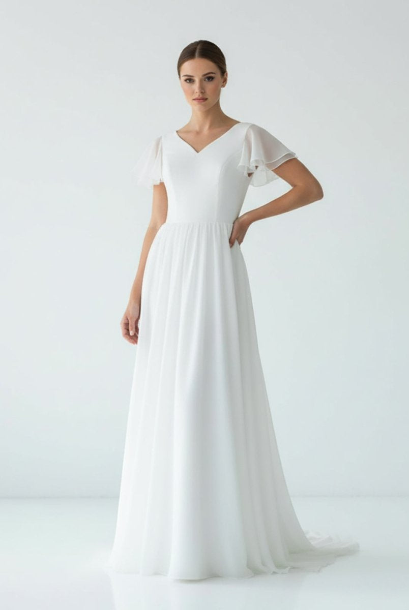 Liora | A Line V - neck Chiffon Floor - length Brush Train Short Sleeve Wedding Dress with Ruffles - KissProm