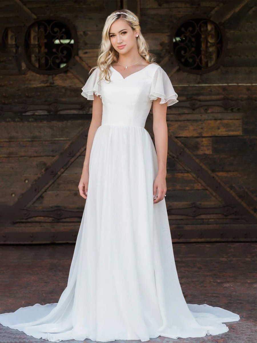 Liora | A Line V - neck Chiffon Floor - length Brush Train Short Sleeve Wedding Dress with Ruffles - KissProm