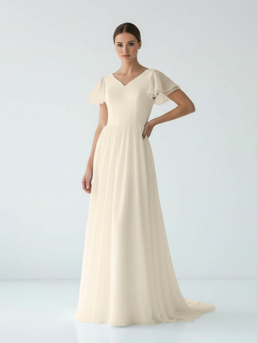 Liora | A Line V - neck Chiffon Floor - length Brush Train Short Sleeve Wedding Dress with Ruffles - KissProm