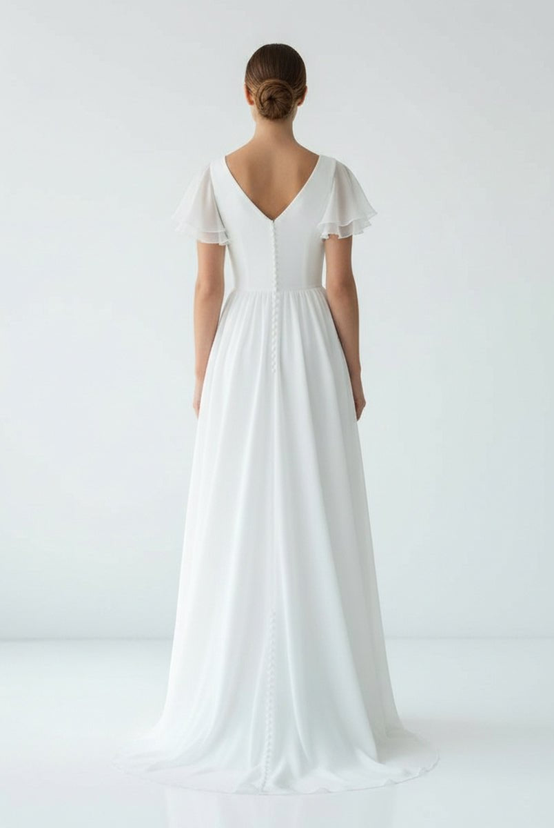 Liora | A Line V - neck Chiffon Floor - length Brush Train Short Sleeve Wedding Dress with Ruffles - KissProm