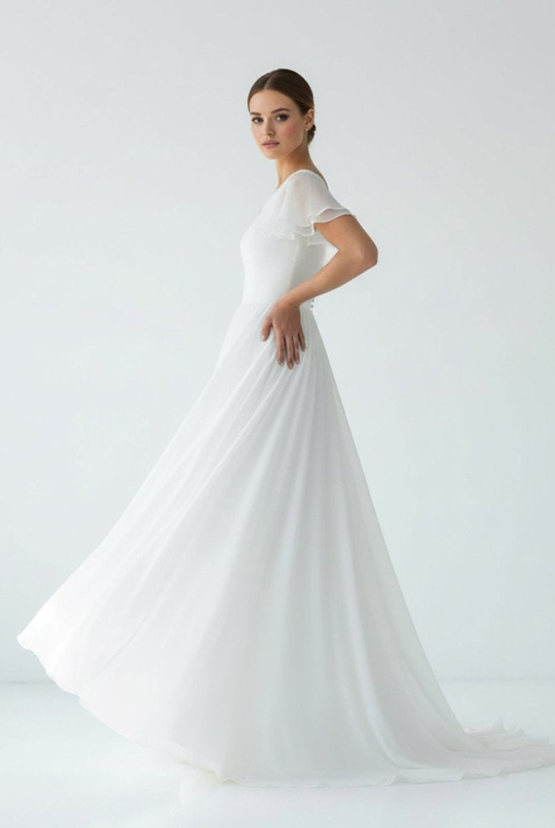 Liora | A Line V - neck Chiffon Floor - length Brush Train Short Sleeve Wedding Dress with Ruffles - KissProm
