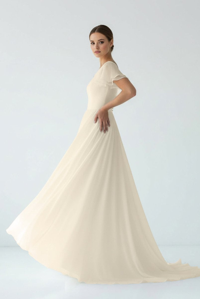 Liora | A Line V - neck Chiffon Floor - length Brush Train Short Sleeve Wedding Dress with Ruffles - KissProm
