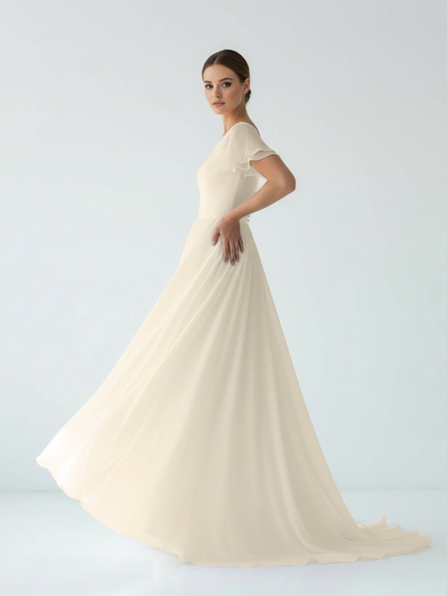 Liora | A Line V - neck Chiffon Floor - length Brush Train Short Sleeve Wedding Dress with Ruffles - KissProm