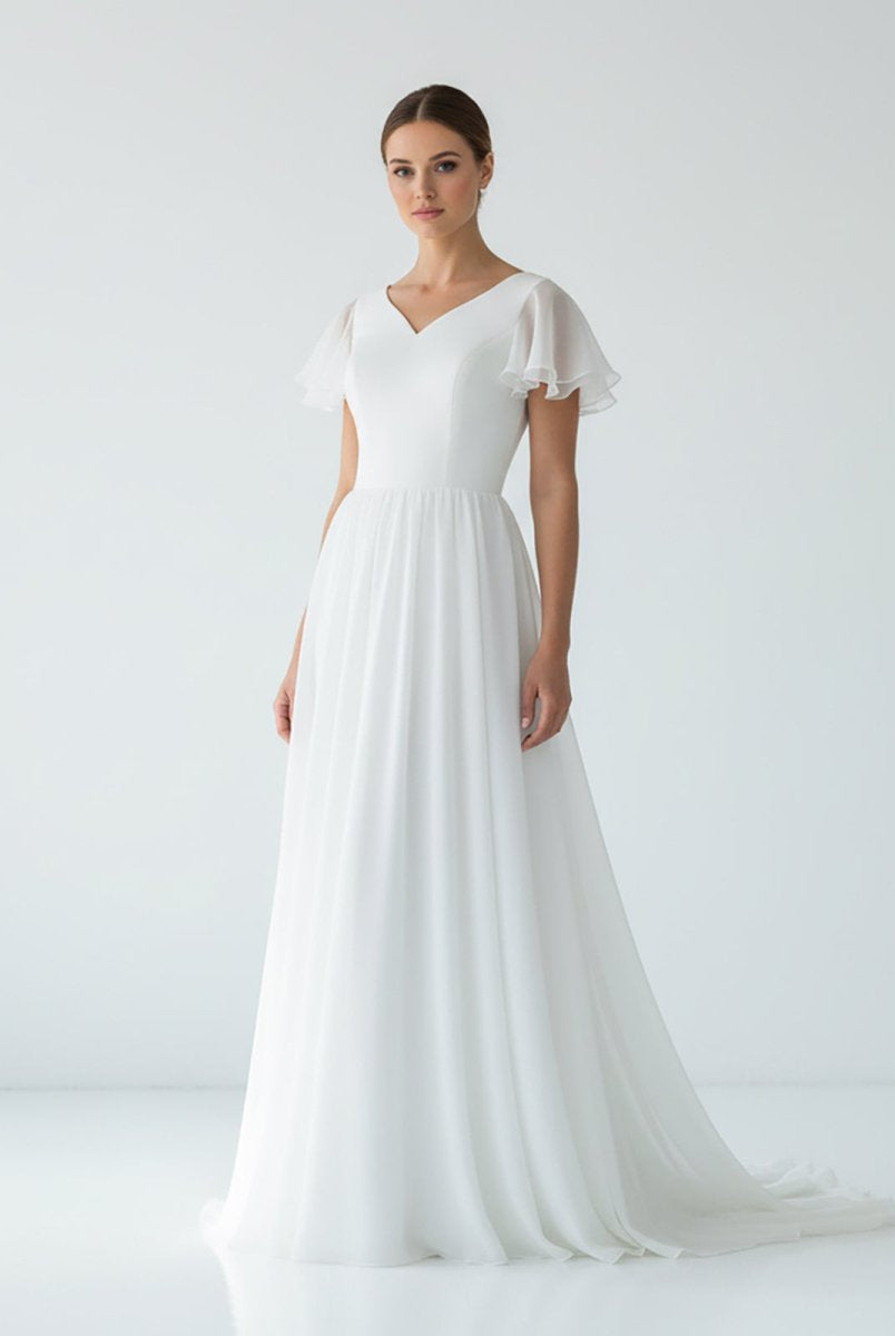 Liora | A Line V - neck Chiffon Floor - length Brush Train Short Sleeve Wedding Dress with Ruffles - KissProm