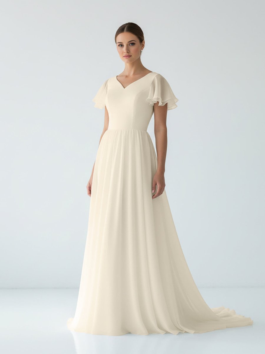Liora | A Line V - neck Chiffon Floor - length Brush Train Short Sleeve Wedding Dress with Ruffles - KissProm