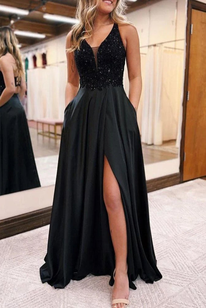 Colette |A-Line V-Neck Satin Prom Dress with Slit