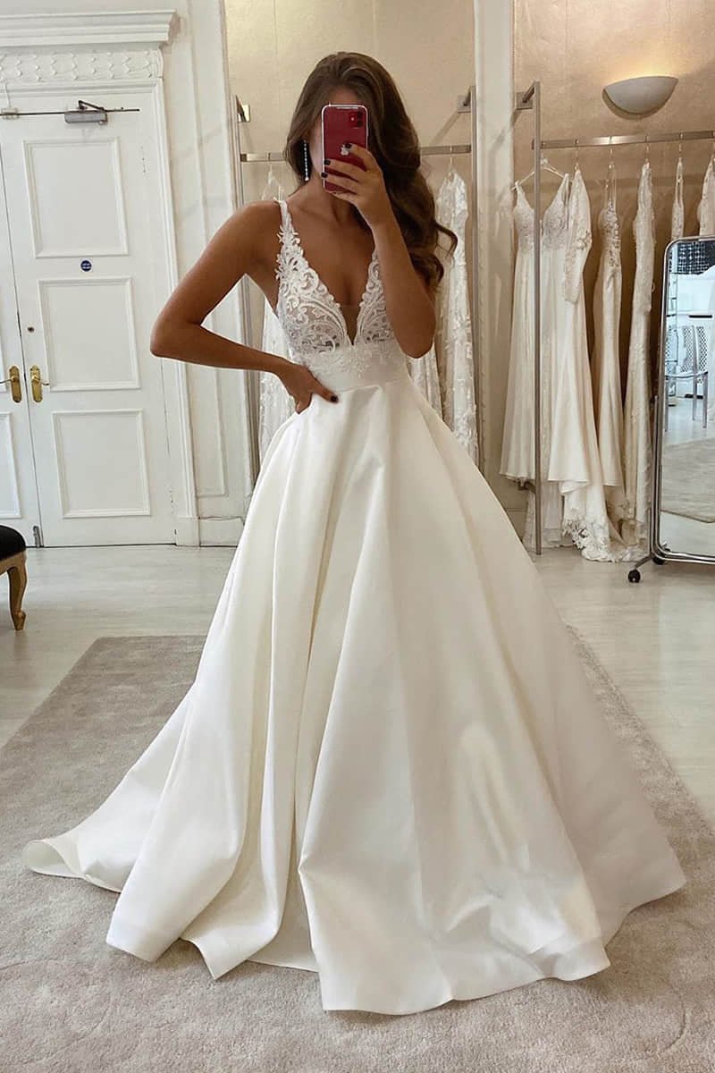 A-Line V-Neck Lace Appliques Satin Wedding Dress Bridal Gowns Black / 12 A-Line V-Neck Lace Appliques Satin Wedding Dress Bridal Gowns Black / 12