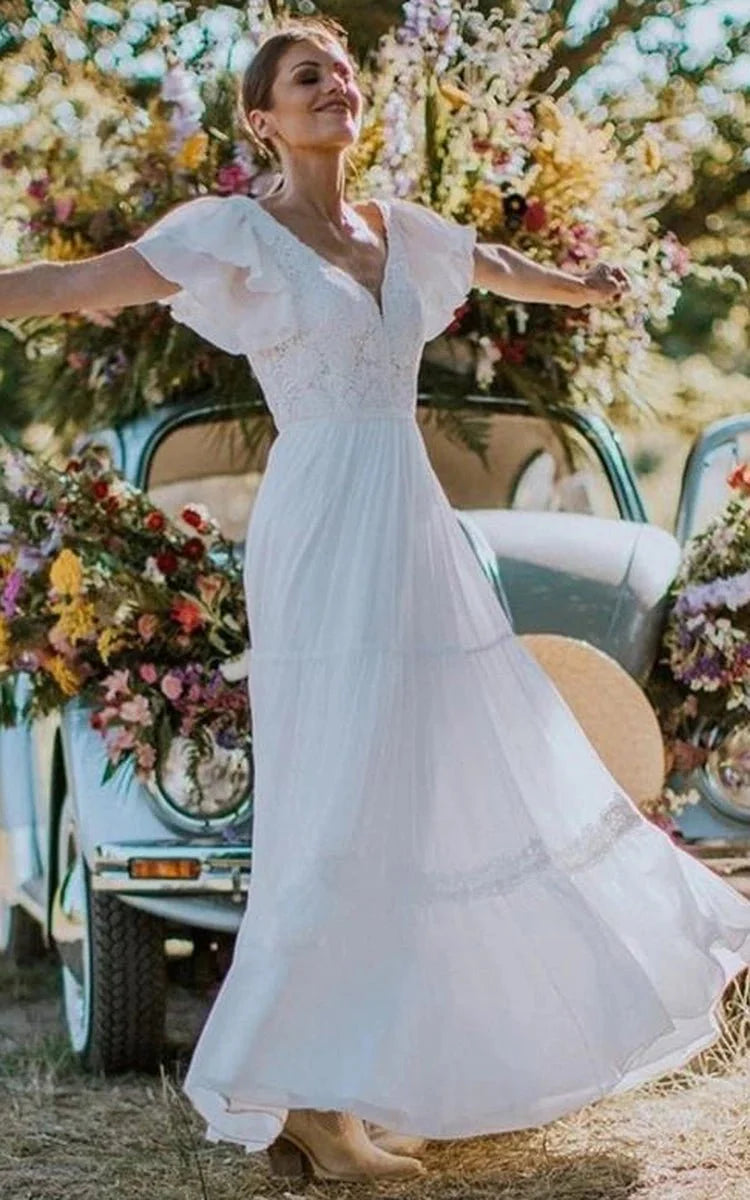 A Line V-Neck Lace Floor-Length Short Sleeve Wedding Dress with Ruffles Diamond White / 22 A Line V-Neck Lace Floor-Length Short Sleeve Wedding Dress with Ruffles Diamond White / 22