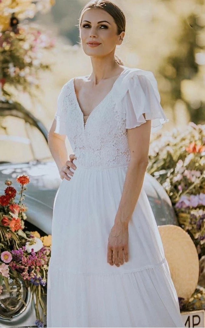 A Line V-neck Lace Floor-length Short Sleeve Wedding Dress with Ruffles
