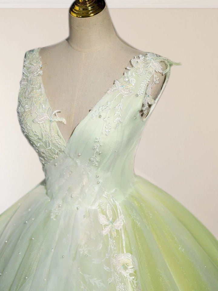 A-Line V Neck Tulle Sage Green Long Prom Quinceanera Dresses
