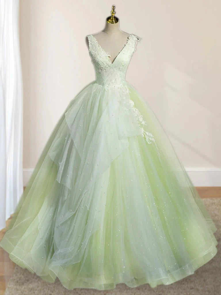 A-Line Sage Green Tulle Long Prom Dress B158