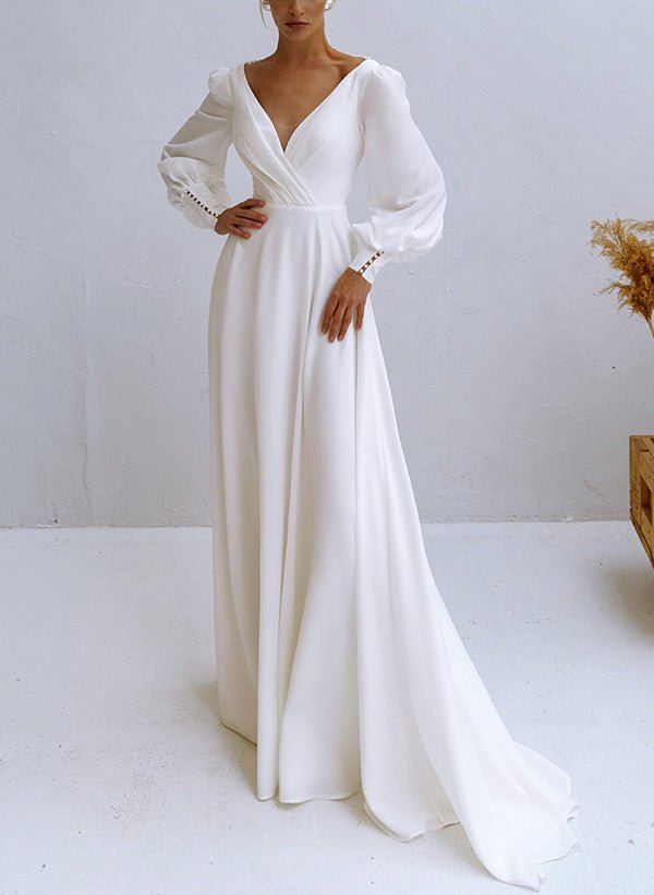 A Series Chiffon Wedding Dress V-neck Long Sleeve
